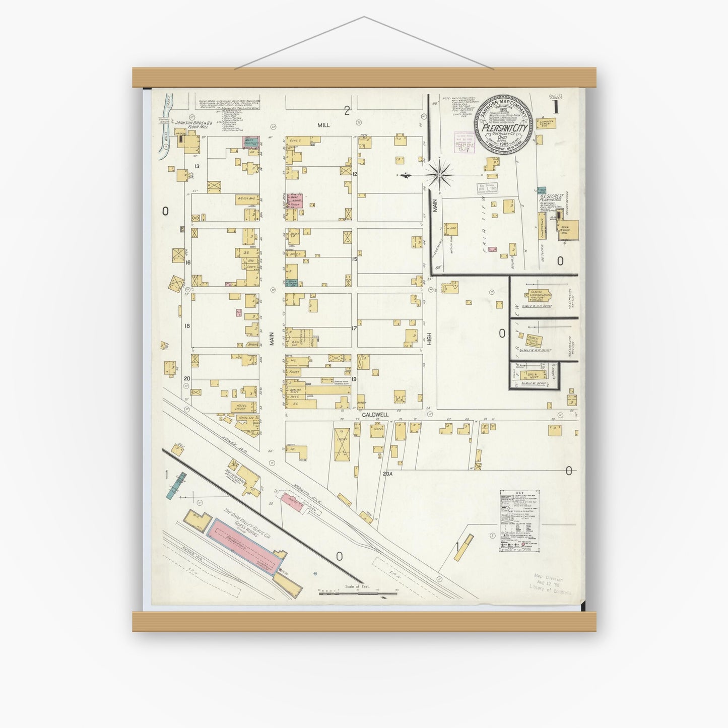 Old map wall art mockup — magnetic wood frame on white wall — Sanborn Fire Insurance Map from Pleasant City, Guernsey County, Ohio (1905) - Complete Map Set