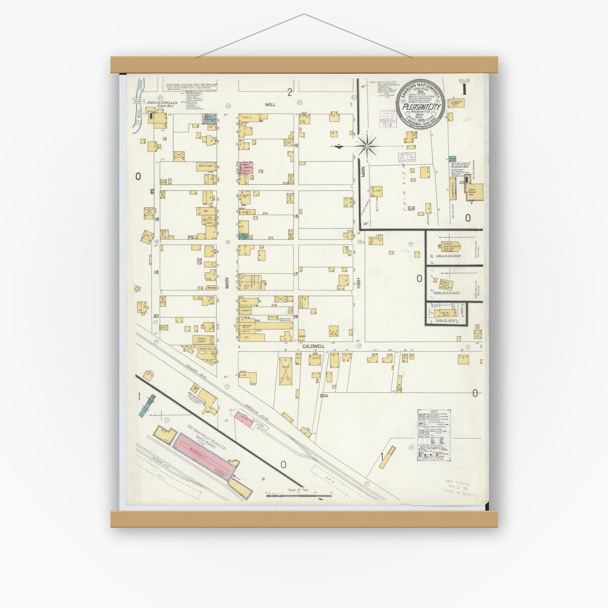 Old map wall art mockup — magnetic wood frame on white wall — Sanborn Fire Insurance Map from Pleasant City, Guernsey County, Ohio (1905) - Complete Map Set