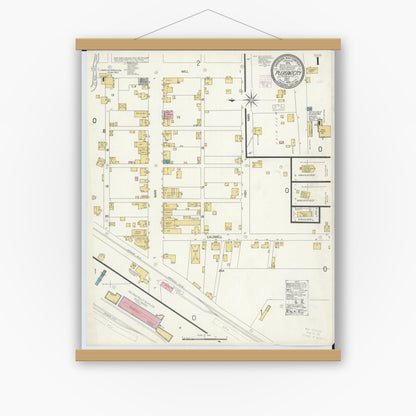 Old map wall art mockup — magnetic wood frame on white wall — Sanborn Fire Insurance Map from Pleasant City, Guernsey County, Ohio (1905) - Complete Map Set