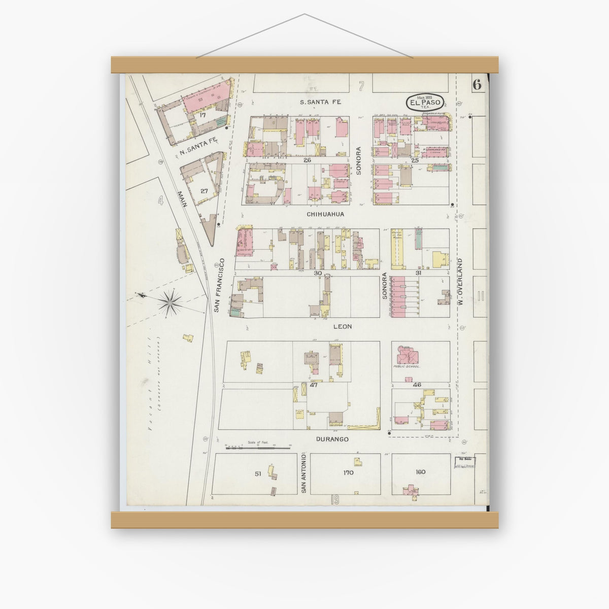 Old map wall art mockup — magnetic wood frame on white wall — Sanborn Fire Insurance Map from El Paso, El Paso County, Texas (1893), Sheet #0006