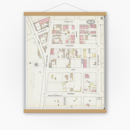 Old map wall art mockup — magnetic wood frame on white wall — Sanborn Fire Insurance Map from El Paso, El Paso County, Texas (1893), Sheet #0006