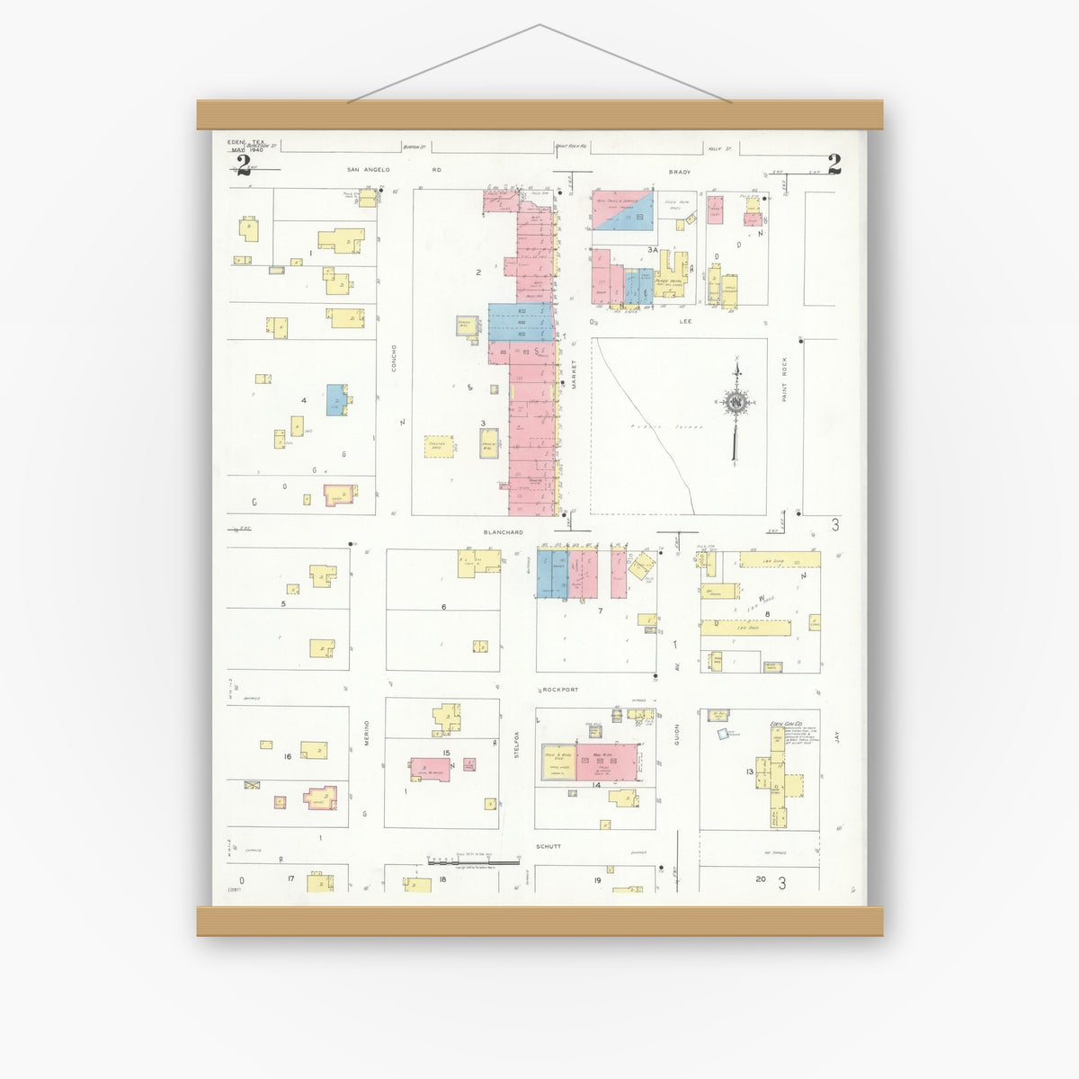Old map wall art mockup — magnetic wood frame on white wall — Sanborn Fire Insurance Map from Eden, Concho County, Texas (1940), Sheet #0002