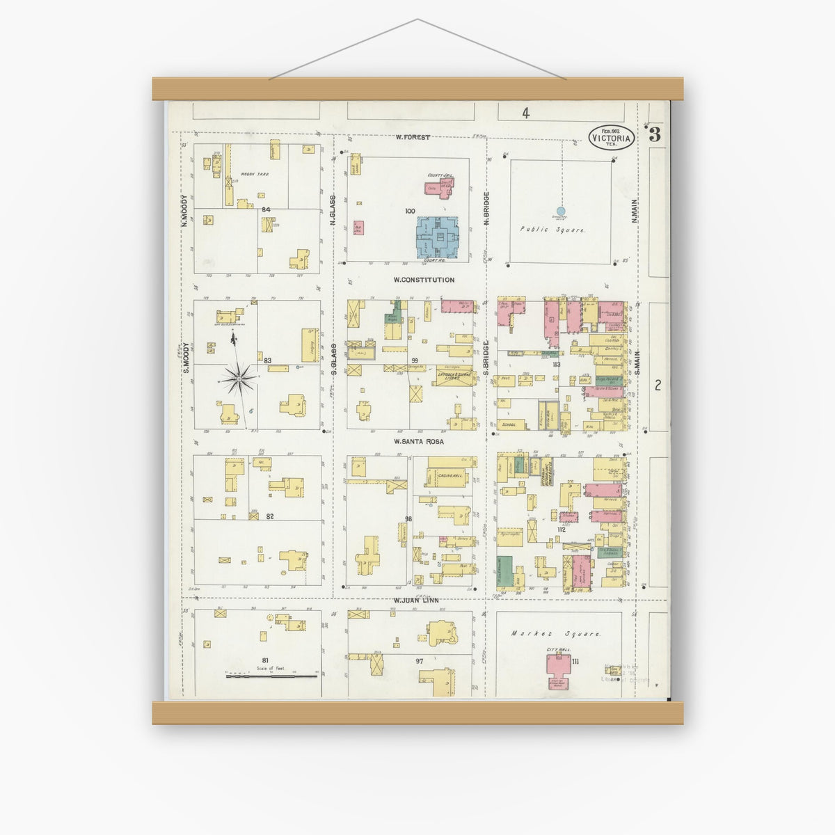 Old map wall art mockup — magnetic wood frame on white wall — Sanborn Fire Insurance Map from Victoria, Victoria County, Texas (1902), Sheet #0003