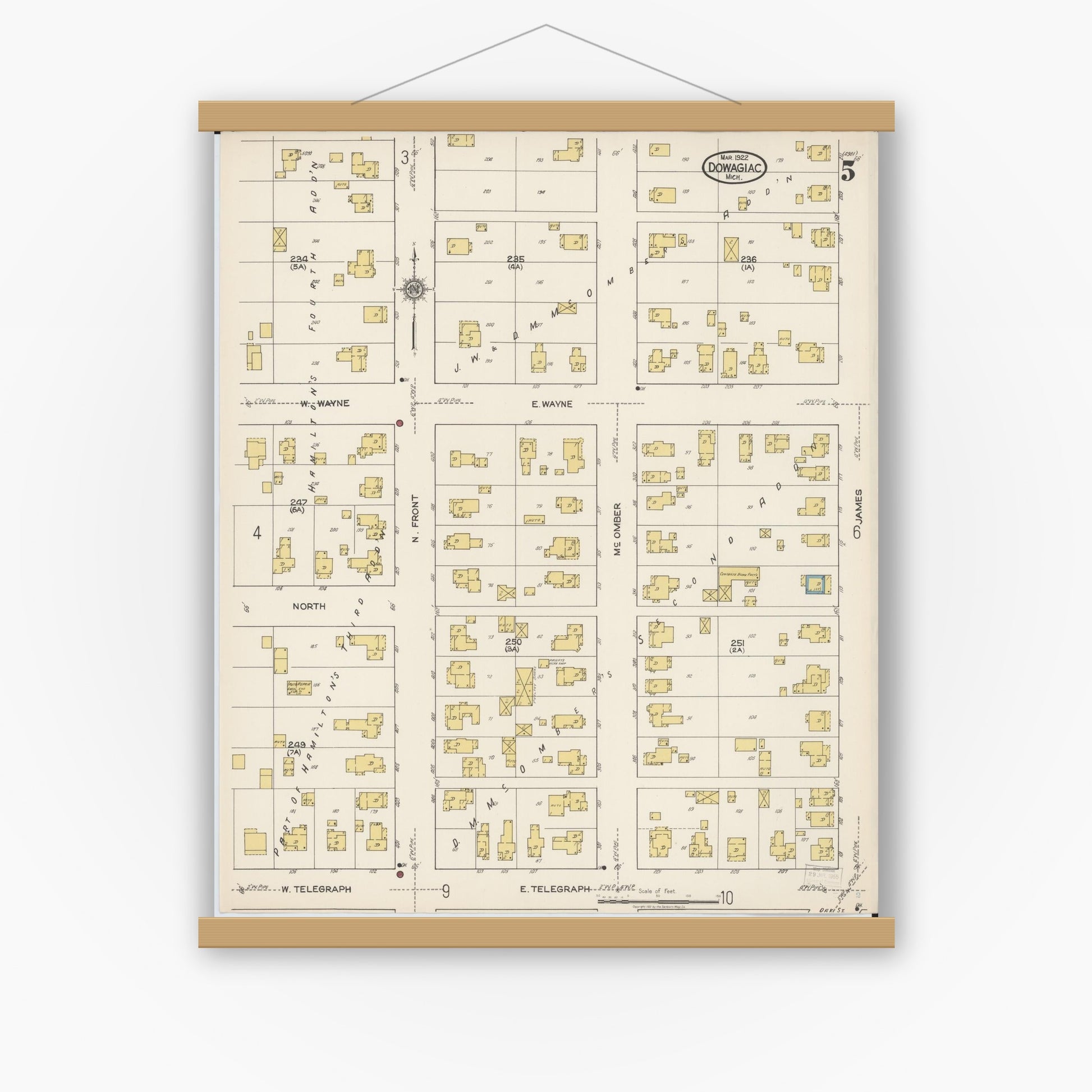 Old map wall art mockup — magnetic wood frame on white wall — Sanborn Fire Insurance Map from Dowagiac, Cass County, Michigan (1922), Sheet #0005