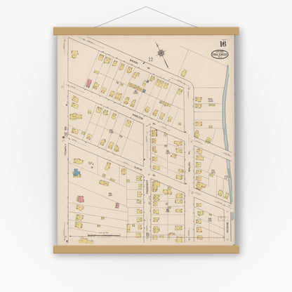 Old map wall art mockup — magnetic wood frame on white wall — Sanborn Fire Insurance Map from Englewood, Bergen County, New Jersey (1922), Sheet #0016