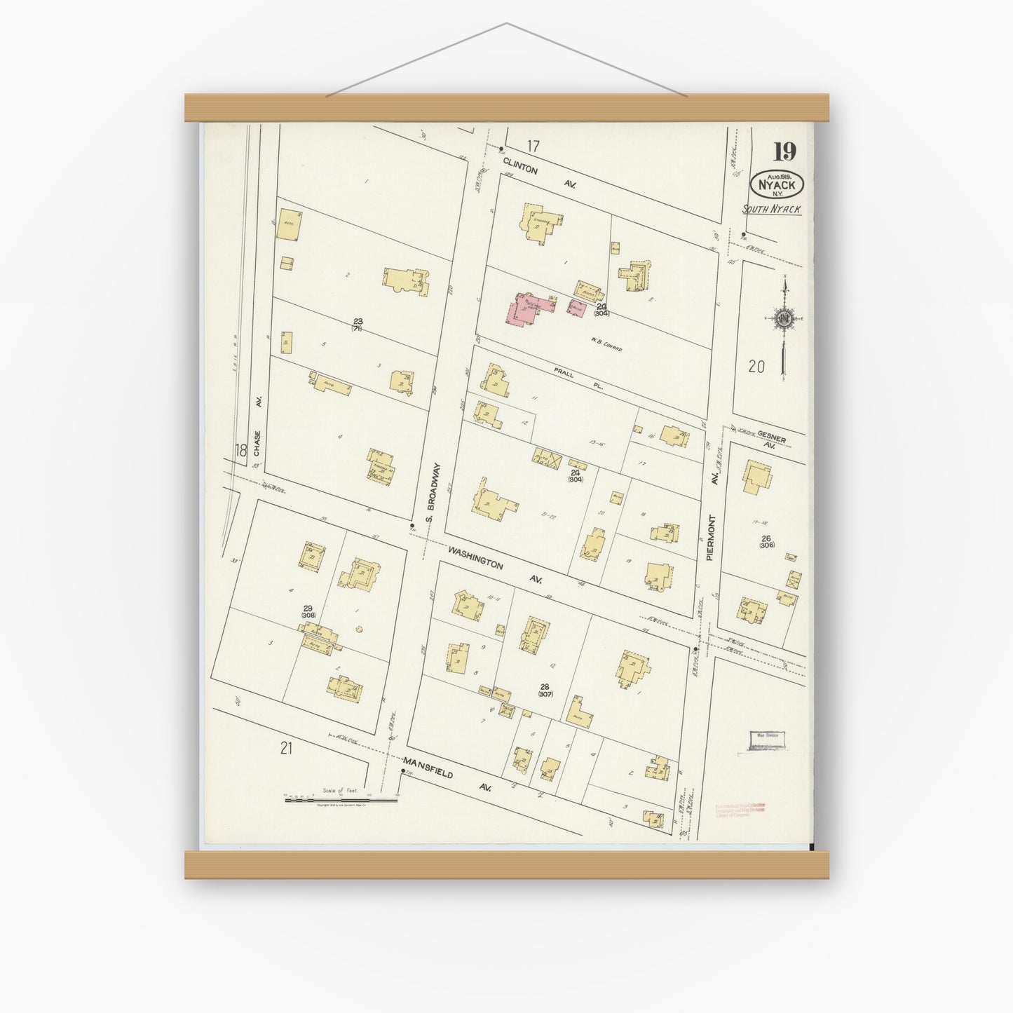 Old map wall art mockup — magnetic wood frame on white wall — Sanborn Fire Insurance Map from Nyack, Rockland County, New York. (1919), Sheet #0019