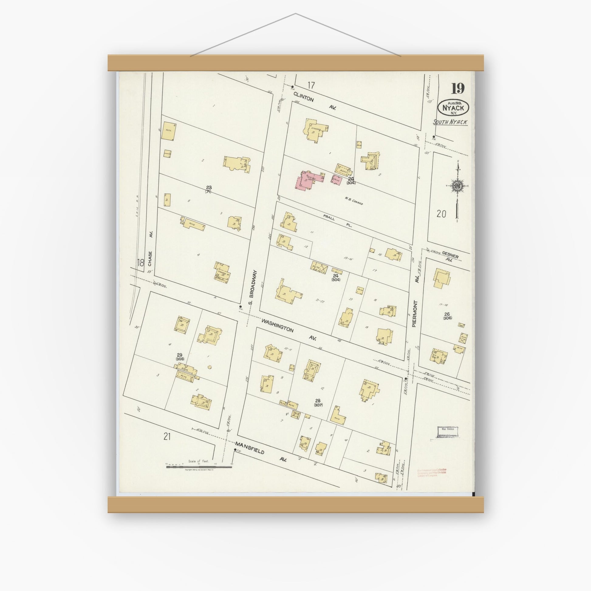 Old map wall art mockup — magnetic wood frame on white wall — Sanborn Fire Insurance Map from Nyack, Rockland County, New York. (1919), Sheet #0019