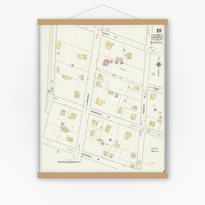 Old map wall art mockup — magnetic wood frame on white wall — Sanborn Fire Insurance Map from Nyack, Rockland County, New York. (1919), Sheet #0019