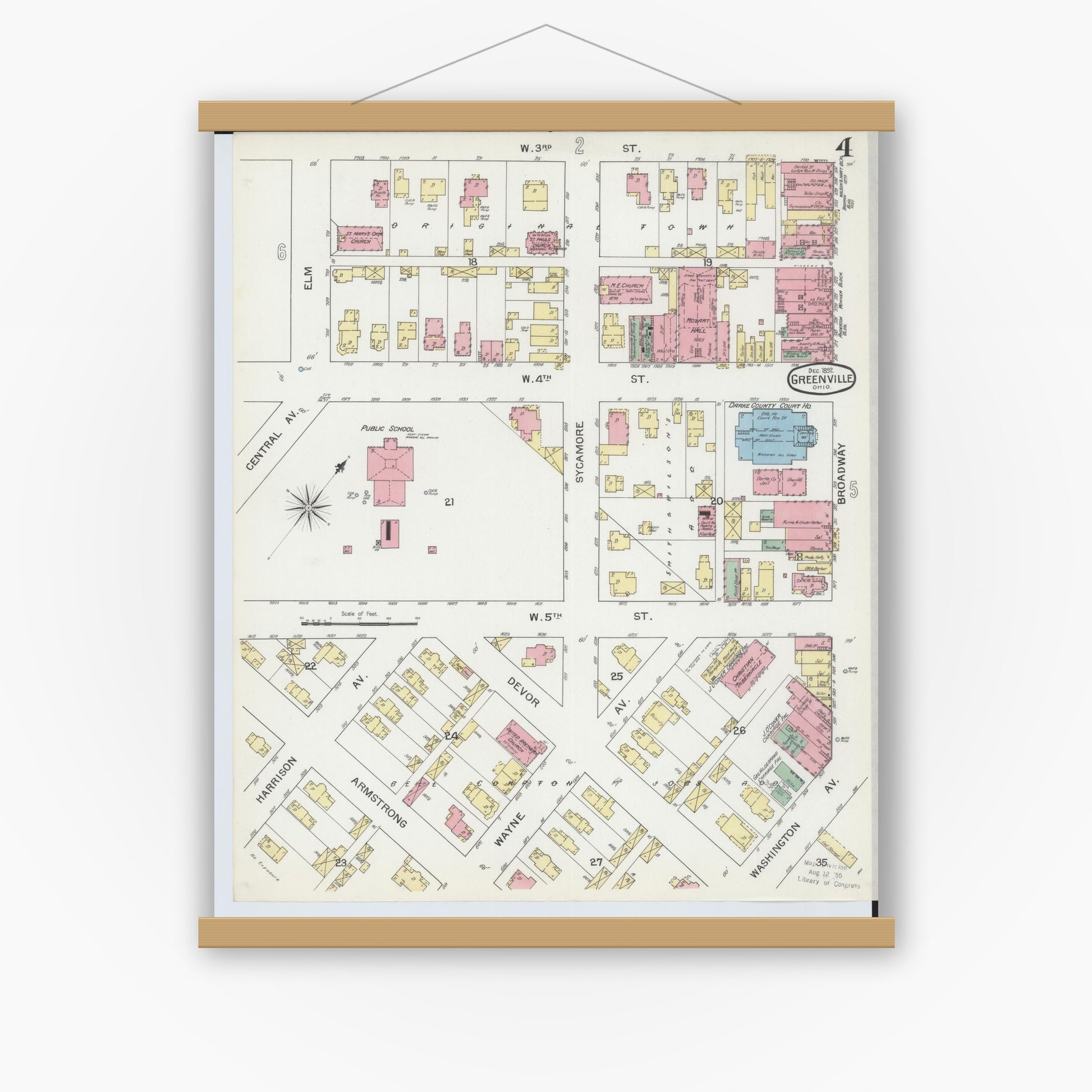 Old map wall art mockup — magnetic wood frame on white wall — Sanborn Fire Insurance Map from Greenville, Darke County, Ohio (1892), Sheet #0004