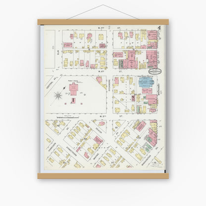 Old map wall art mockup — magnetic wood frame on white wall — Sanborn Fire Insurance Map from Greenville, Darke County, Ohio (1892), Sheet #0004