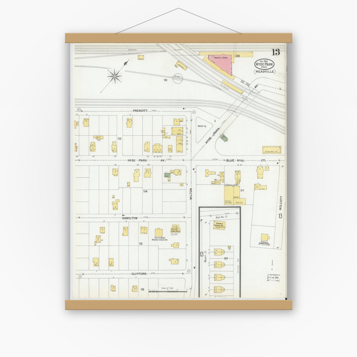 Old map wall art mockup — magnetic wood frame on white wall — Sanborn Fire Insurance Map from Hyde Park, Norfolk County, Massachusetts (1900), Sheet #0013