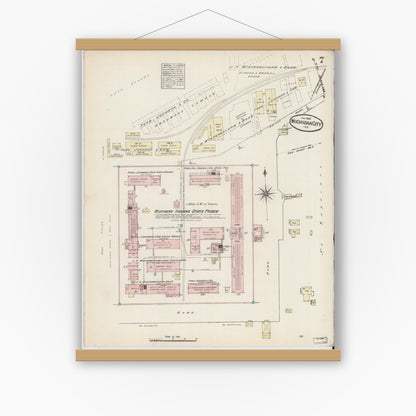 Old map wall art mockup — magnetic wood frame on white wall — Sanborn Fire Insurance Map from Michigan City, La Porte  County, Indiana (1884), Sheet #0007