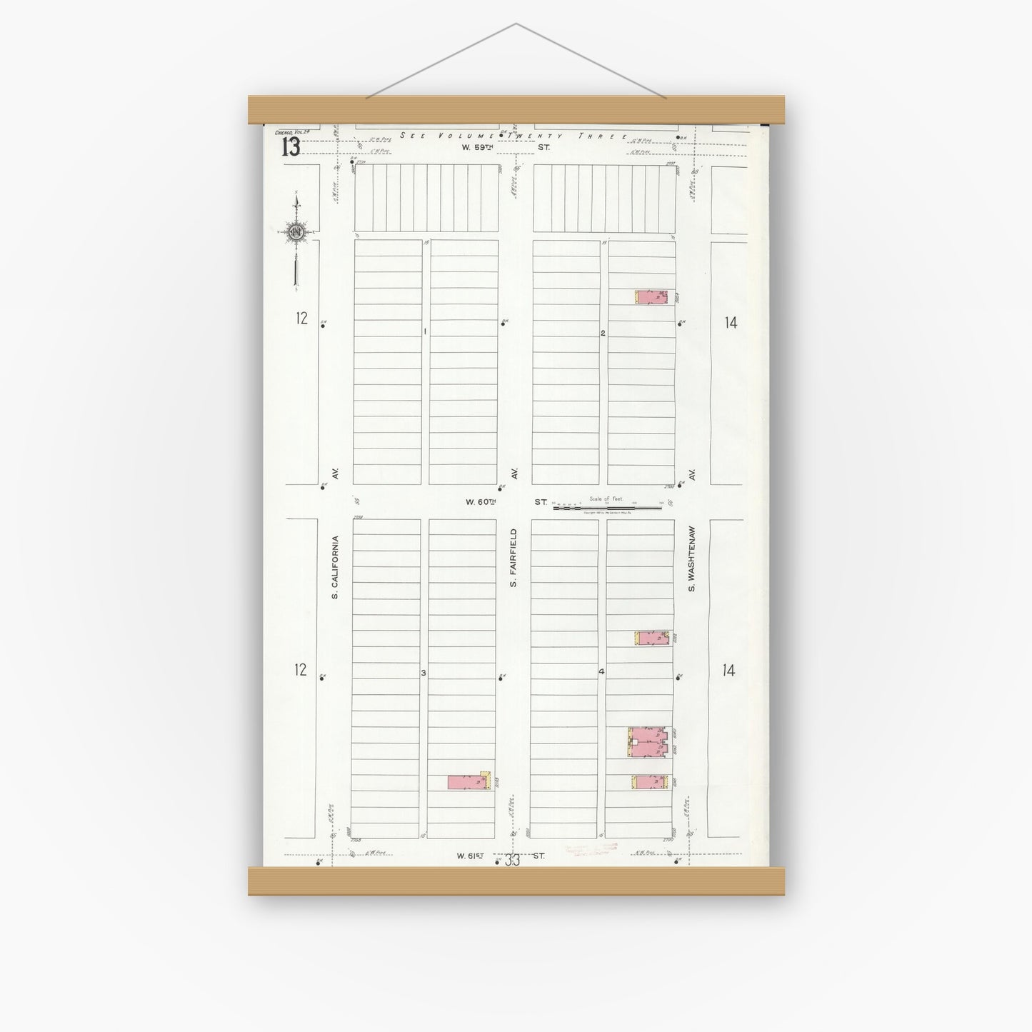 Old map wall art mockup — magnetic wood frame on white wall — Sanborn Fire Insurance Map from Chicago, Cook County, Illinois (1920), Sheet #0013