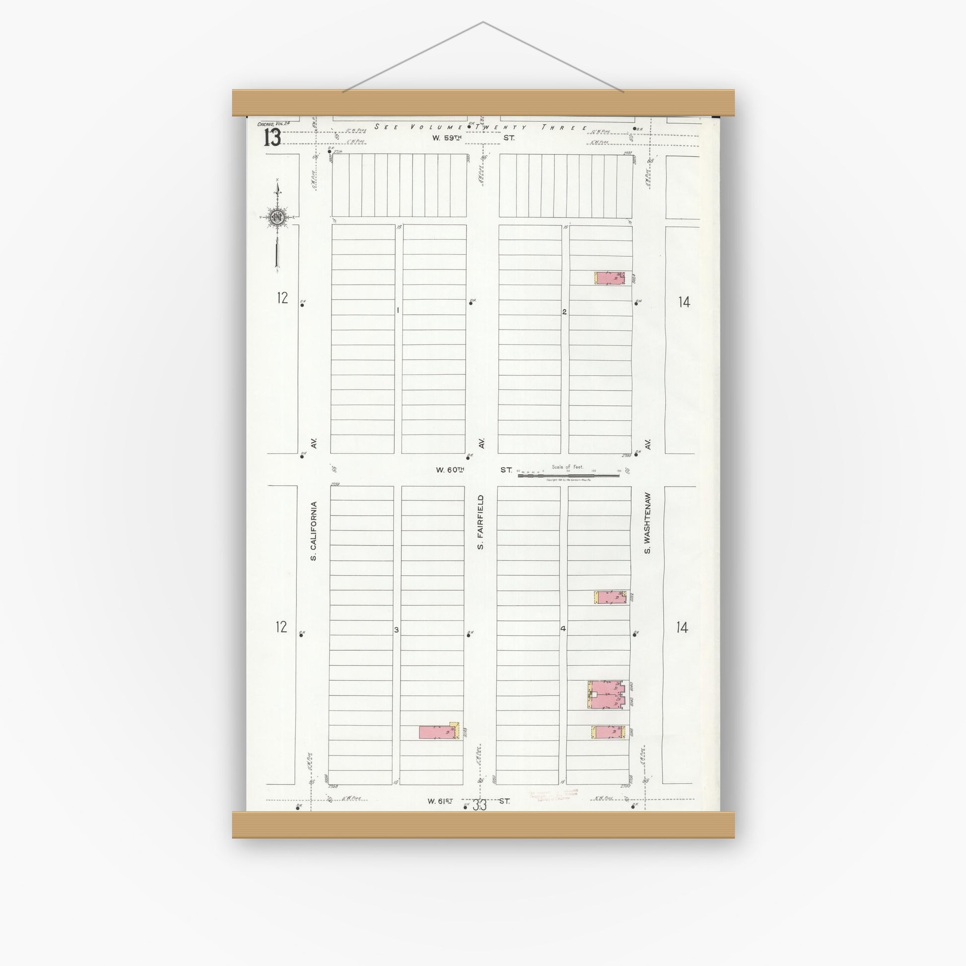Old map wall art mockup — magnetic wood frame on white wall — Sanborn Fire Insurance Map from Chicago, Cook County, Illinois (1920), Sheet #0013