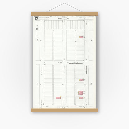 Old map wall art mockup — magnetic wood frame on white wall — Sanborn Fire Insurance Map from Chicago, Cook County, Illinois (1920), Sheet #0013