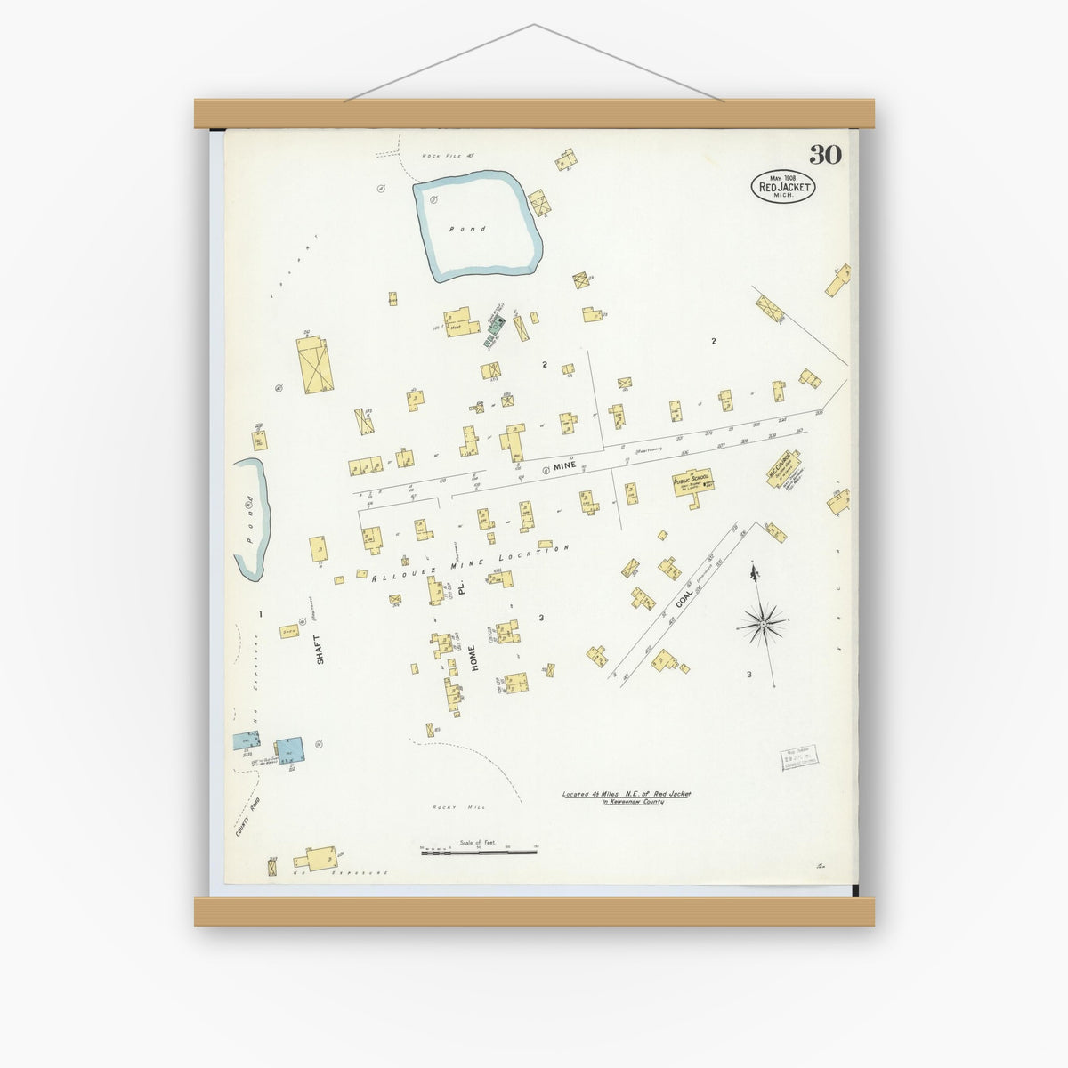 Old map wall art mockup — magnetic wood frame on white wall — Sanborn Fire Insurance Map from Red Jacket, Houghton County, Michigan (1908), Sheet #0030