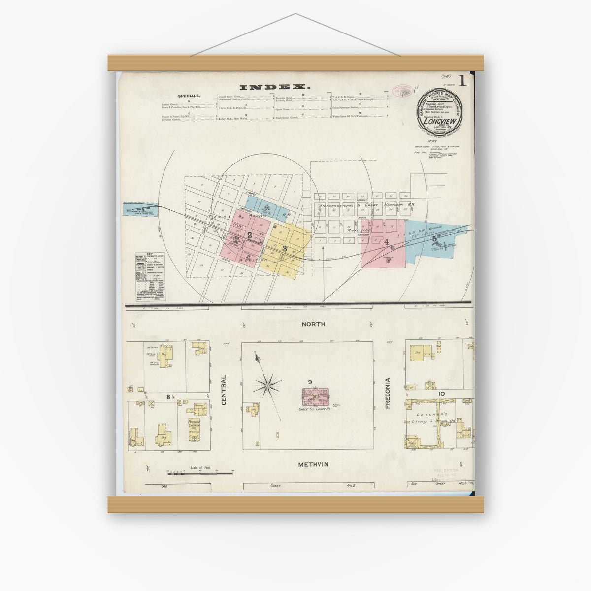 Old map wall art mockup — magnetic wood frame on white wall — Sanborn Fire Insurance Map from Longview, Gregg County, Texas (1890) - Complete Map Set