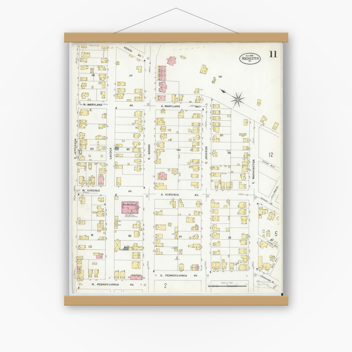 Old map wall art mockup — magnetic wood frame on white wall — Sanborn Fire Insurance Map from Rochester, Beaver County, Pennsylvania (1908), Sheet #0011
