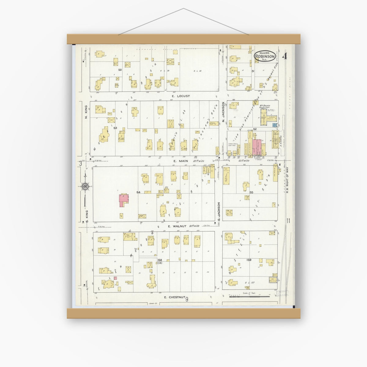 Old map wall art mockup — magnetic wood frame on white wall — Sanborn Fire Insurance Map from Robinson, Crawford County, Illinois (1916), Sheet #0004