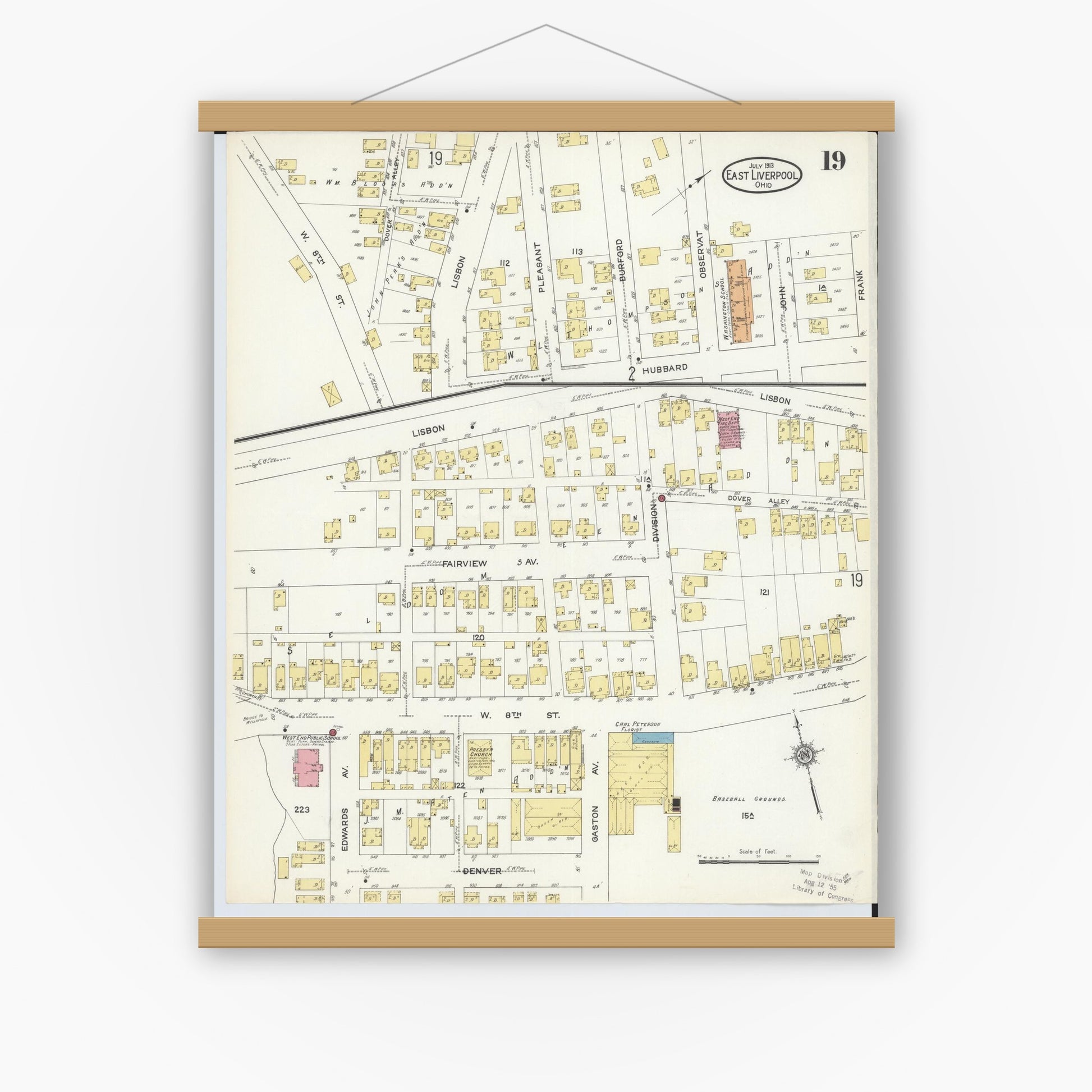 Old map wall art mockup — magnetic wood frame on white wall — Sanborn Fire Insurance Map from East Liverpool, Columbiana County, Ohio (1913), Sheet #0019