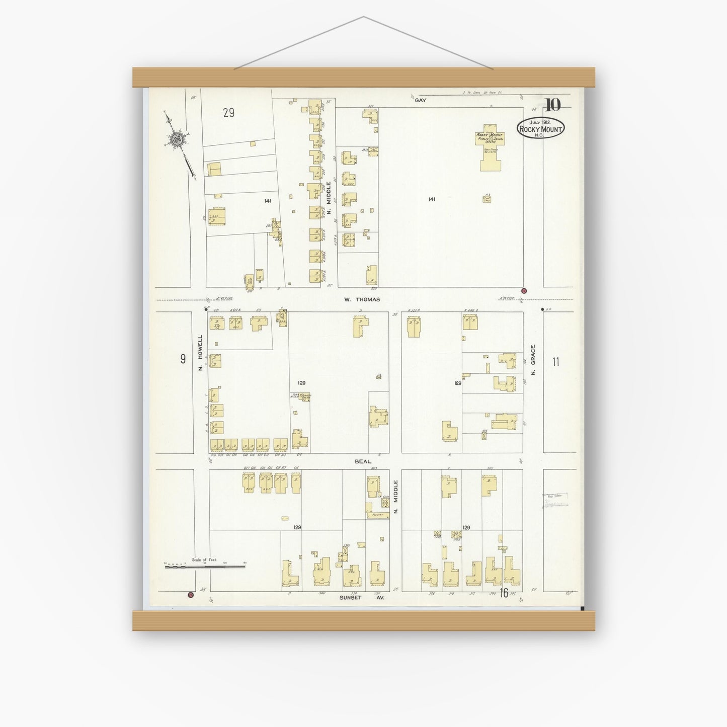 Old map wall art mockup — magnetic wood frame on white wall — Sanborn Fire Insurance Map from Rocky Mount, Edgecombe And Nash Counties, North Carolina (1912), Sheet #0010
