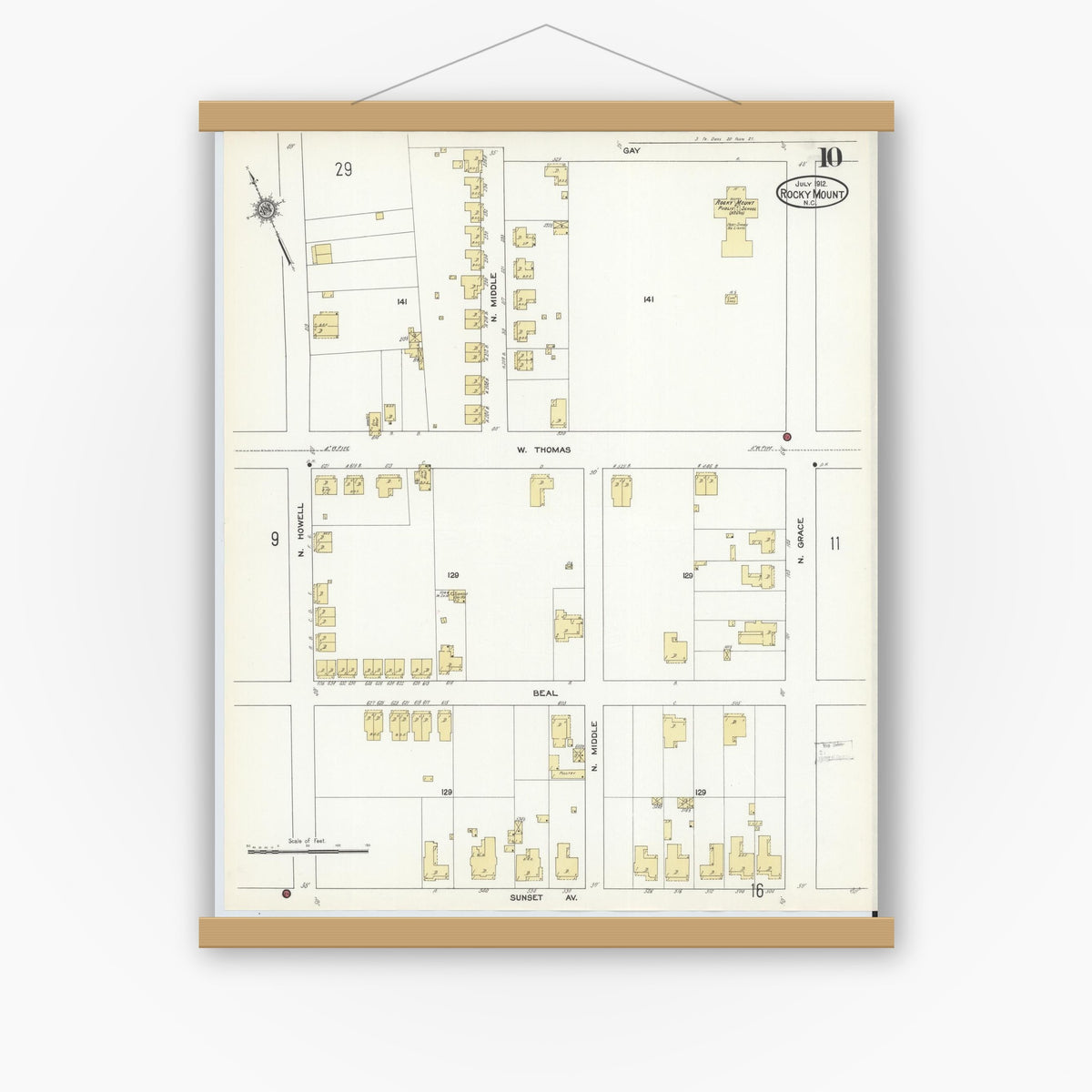 Old map wall art mockup — magnetic wood frame on white wall — Sanborn Fire Insurance Map from Rocky Mount, Edgecombe And Nash Counties, North Carolina (1912), Sheet #0010