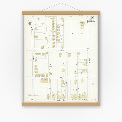 Old map wall art mockup — magnetic wood frame on white wall — Sanborn Fire Insurance Map from Rocky Mount, Edgecombe And Nash Counties, North Carolina (1912), Sheet #0010