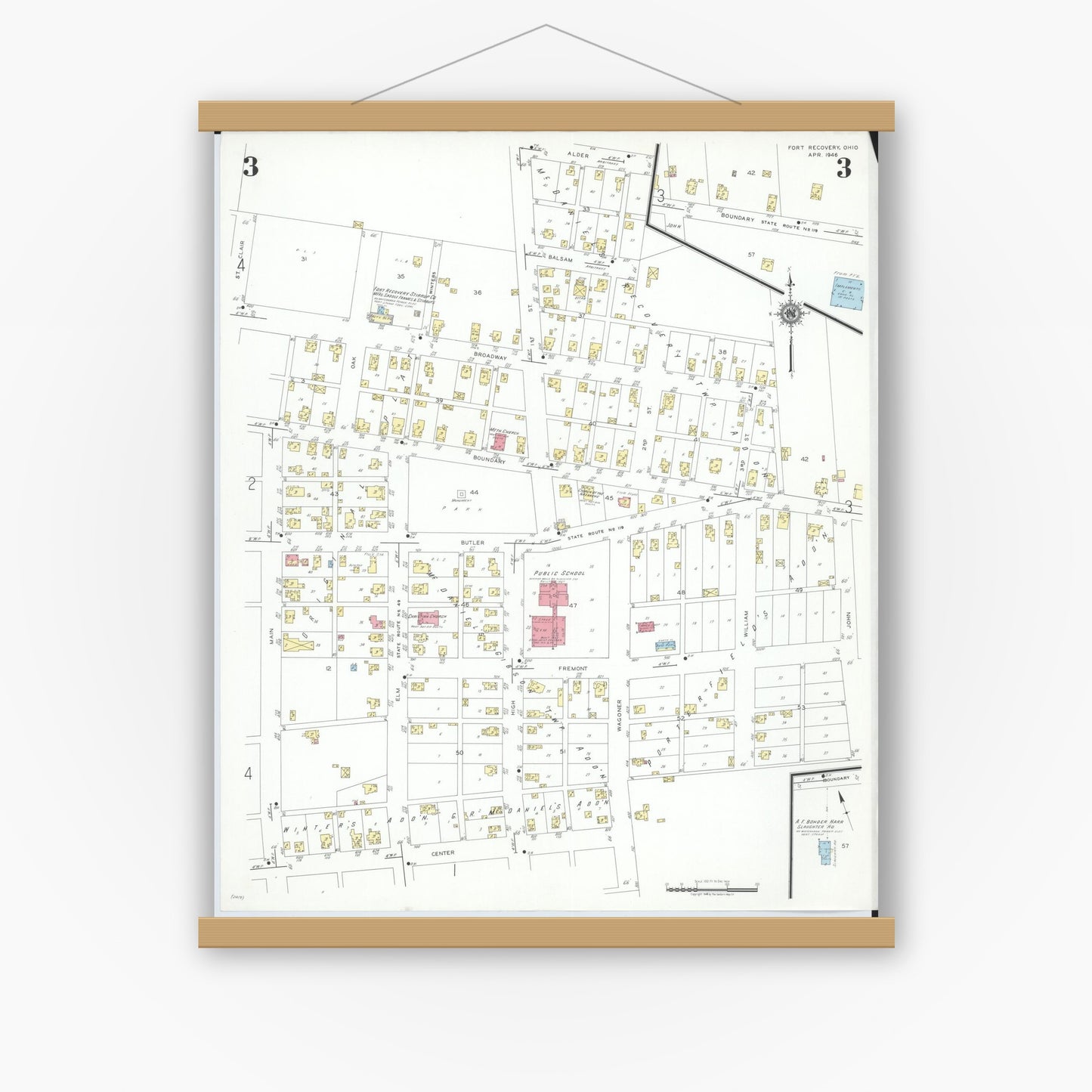 Old map wall art mockup — magnetic wood frame on white wall — Sanborn Fire Insurance Map from Fort Recovery, Mercer County, Ohio (1946), Sheet #0003