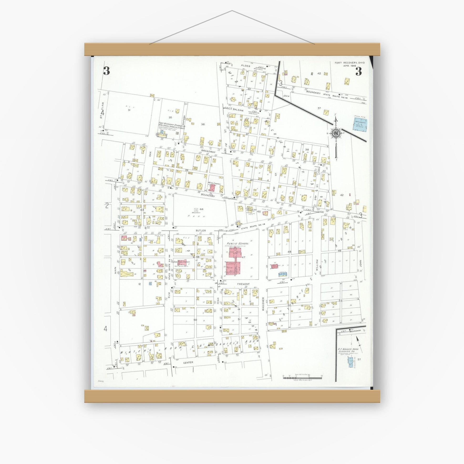 Old map wall art mockup — magnetic wood frame on white wall — Sanborn Fire Insurance Map from Fort Recovery, Mercer County, Ohio (1946), Sheet #0003