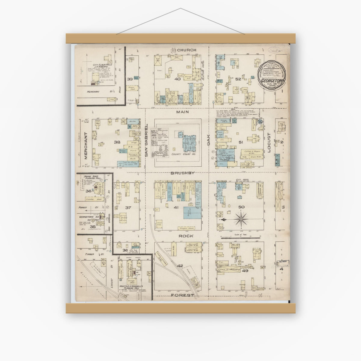 Old map wall art mockup — magnetic wood frame on white wall — Sanborn Fire Insurance Map from Georgetown, Williamson County, Texas (1885), Sheet #0001
