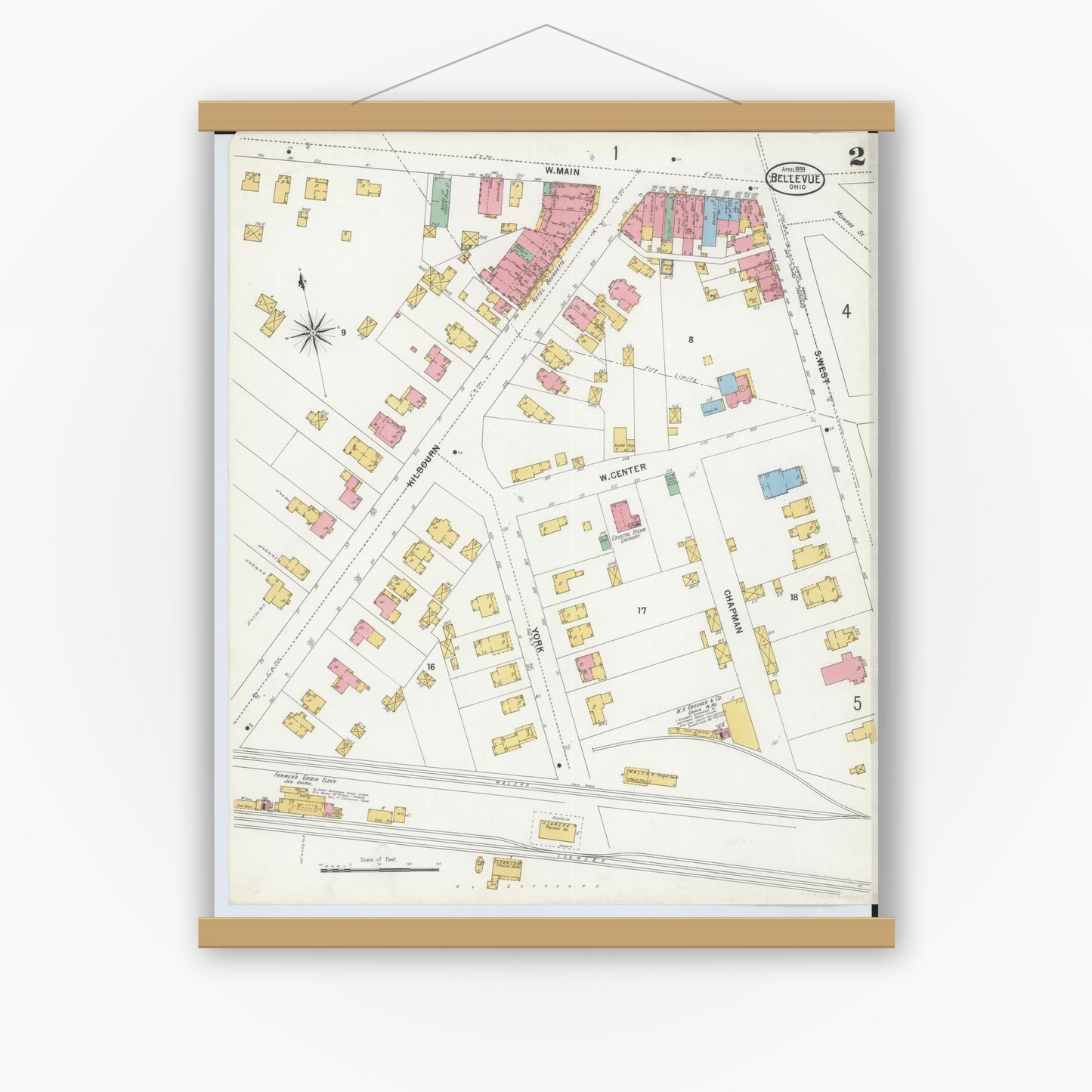 Old map wall art mockup — magnetic wood frame on white wall — Sanborn Fire Insurance Map from Bellevue, Huron And Sandusky County, Ohio (1899), Sheet #0002