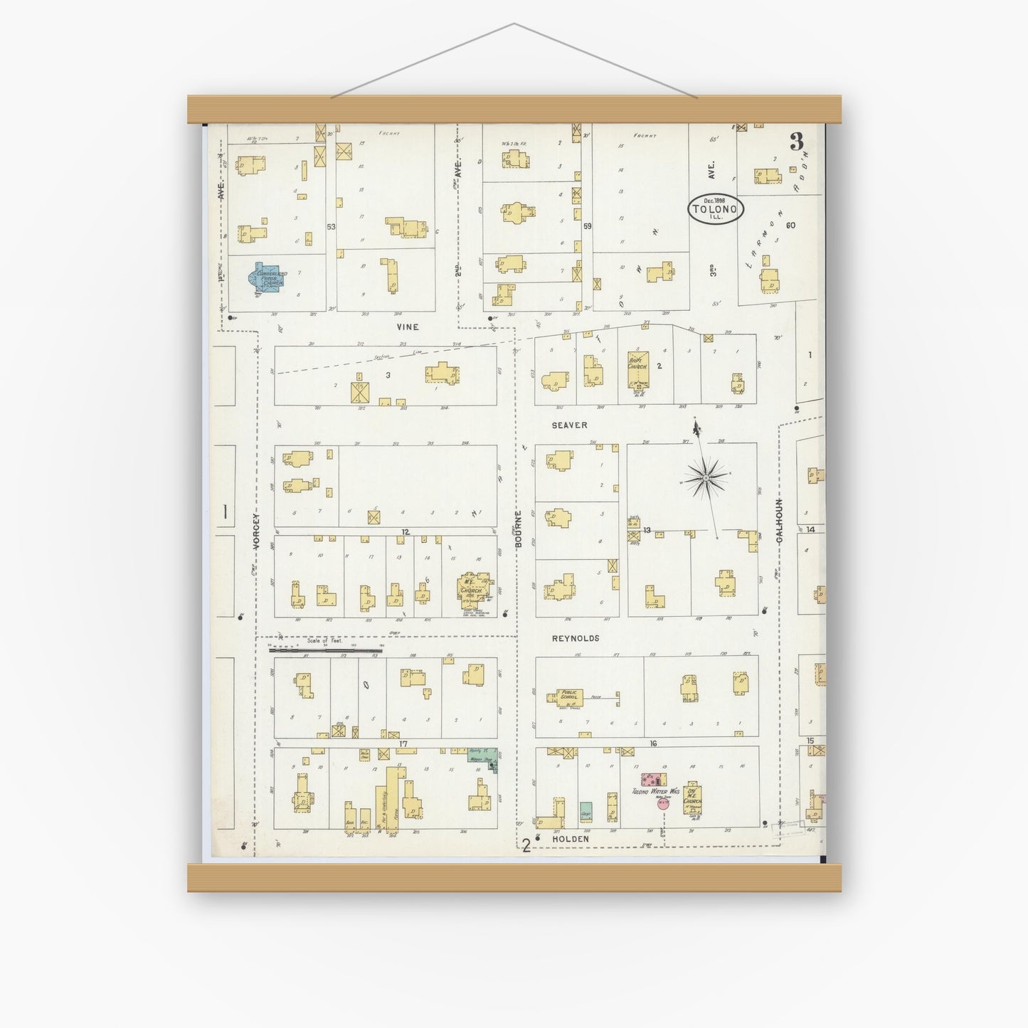 Old map wall art mockup — magnetic wood frame on white wall — Sanborn Fire Insurance Map from Tolono, Champaign County, Illinois (1898), Sheet #0003