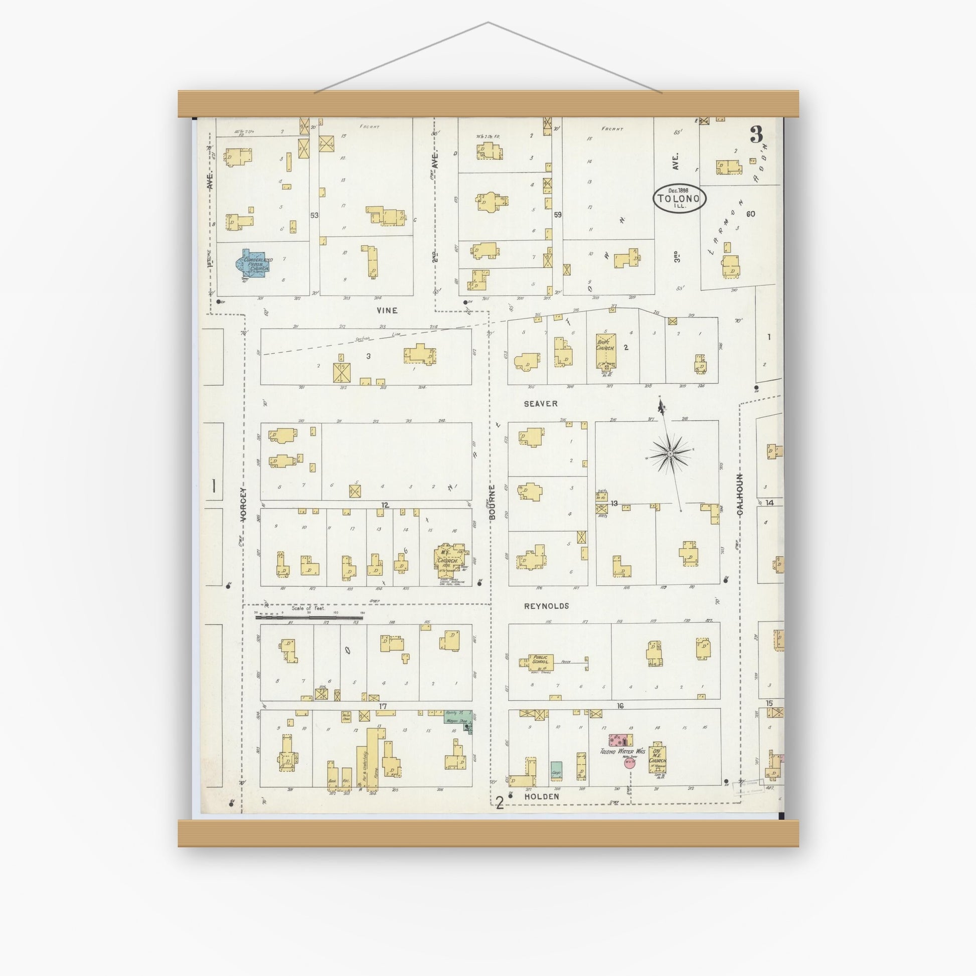 Old map wall art mockup — magnetic wood frame on white wall — Sanborn Fire Insurance Map from Tolono, Champaign County, Illinois (1898), Sheet #0003