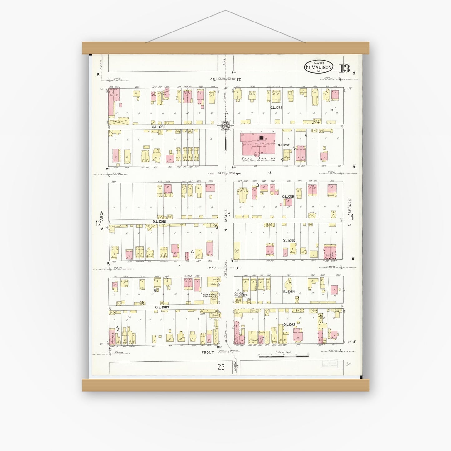 Old map wall art mockup — magnetic wood frame on white wall — Sanborn Fire Insurance Map from Fort Madison, Lee County, Iowa (1913), Sheet #0013