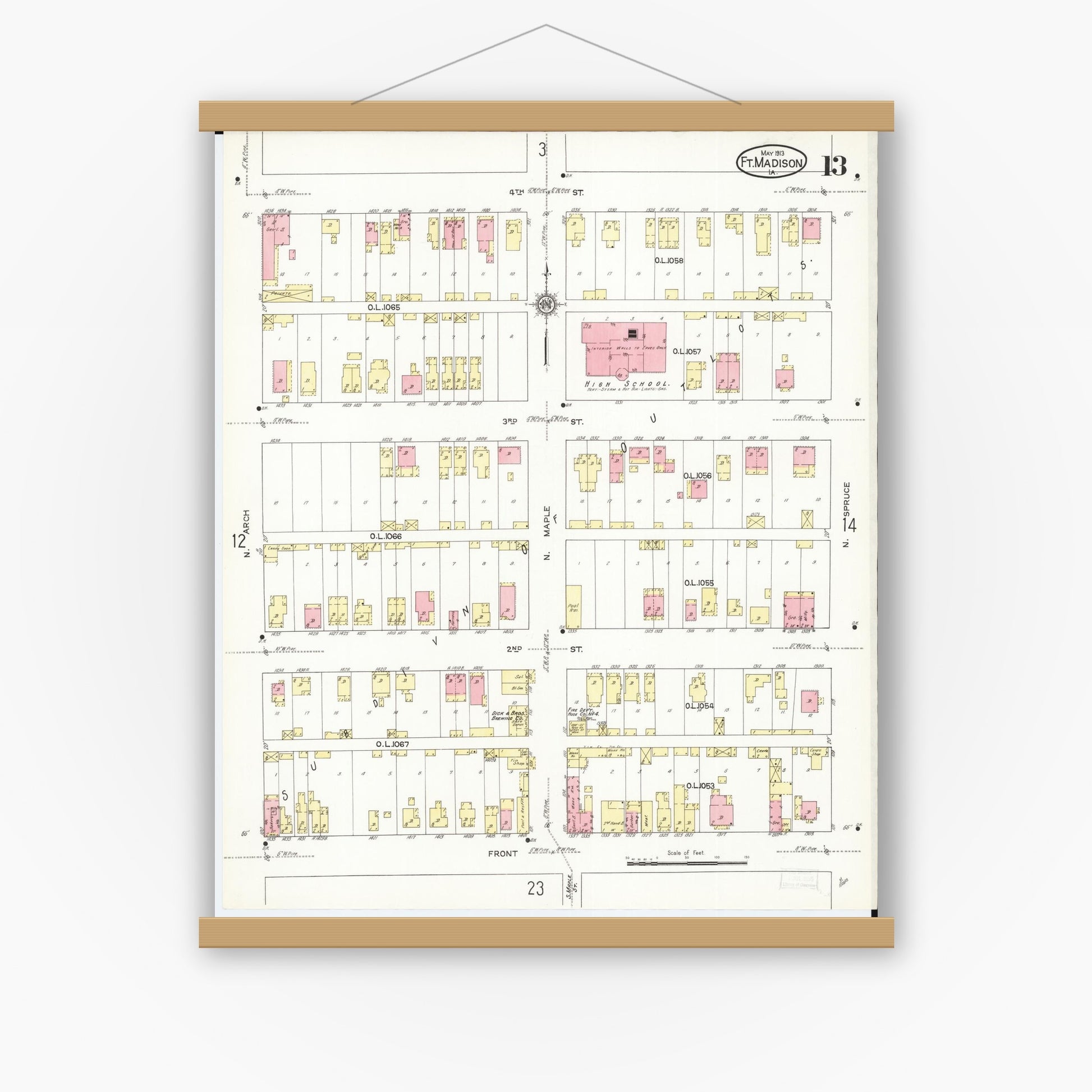 Old map wall art mockup — magnetic wood frame on white wall — Sanborn Fire Insurance Map from Fort Madison, Lee County, Iowa (1913), Sheet #0013