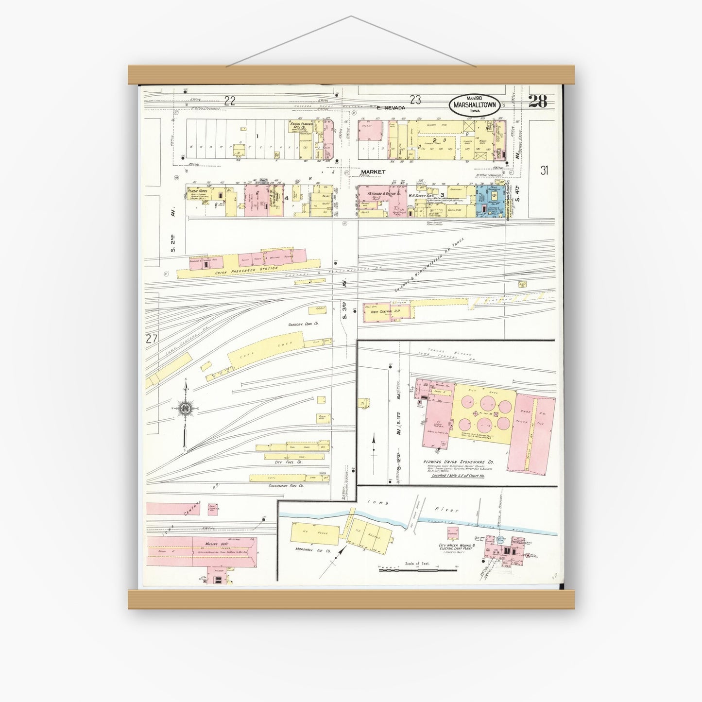 Old map wall art mockup — magnetic wood frame on white wall — Sanborn Fire Insurance Map from Marshalltown, Marshall County, Iowa (1910), Sheet #0028