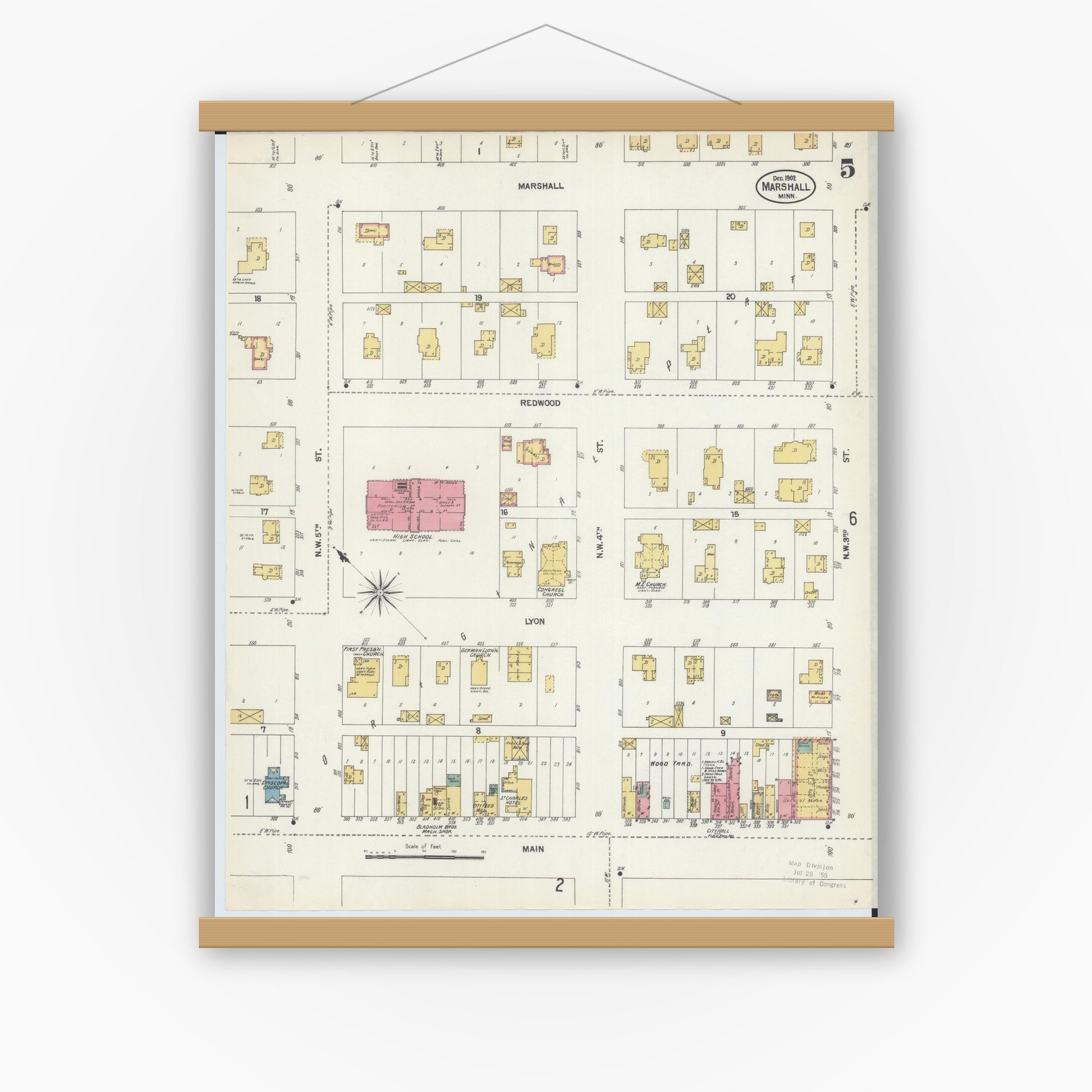 Old map wall art mockup — magnetic wood frame on white wall — Sanborn Fire Insurance Map from Marshall, Lyon County, Minnesota (1902), Sheet #0005