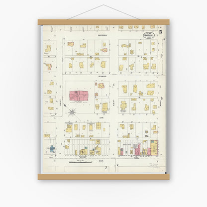 Old map wall art mockup — magnetic wood frame on white wall — Sanborn Fire Insurance Map from Marshall, Lyon County, Minnesota (1902), Sheet #0005
