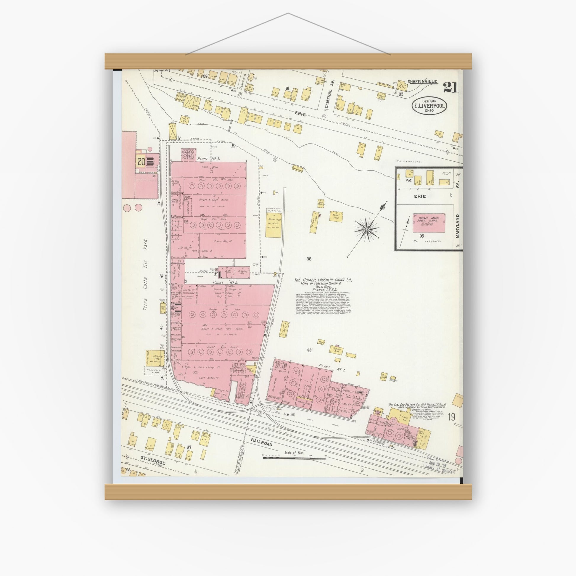 Old map wall art mockup — magnetic wood frame on white wall — Sanborn Fire Insurance Map from East Liverpool, Columbiana County, Ohio (1903), Sheet #0021