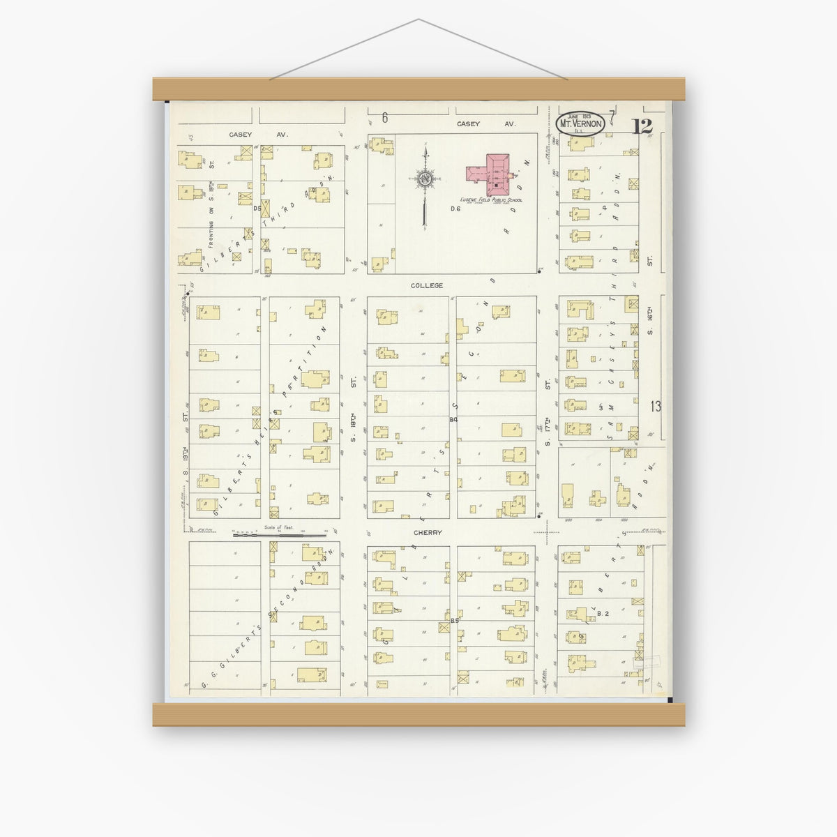 Old map wall art mockup — magnetic wood frame on white wall — Sanborn Fire Insurance Map from Mount Vernon, Jefferson County, Illinois (1913), Sheet #0012