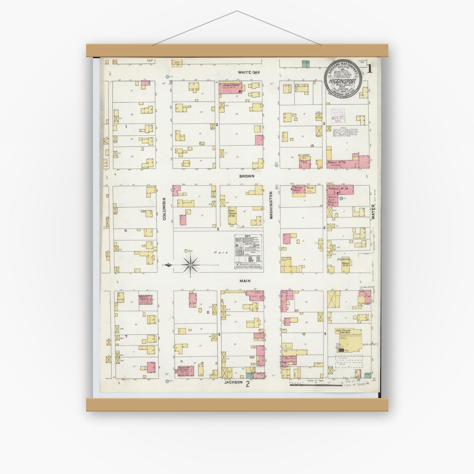 Old map wall art mockup — magnetic wood frame on white wall — Sanborn Fire Insurance Map from Higginsport, Brown County, Ohio (1904), Sheet #0001