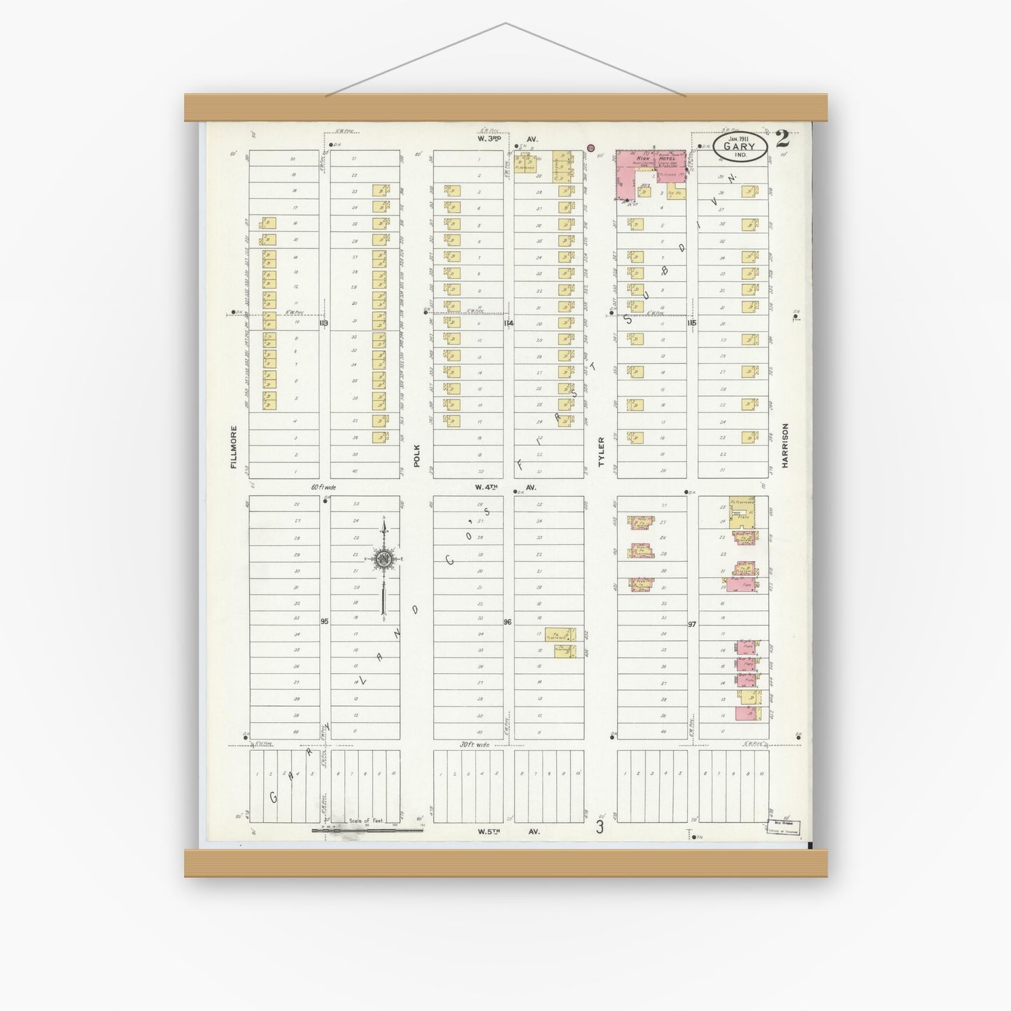 Old map wall art mockup — magnetic wood frame on white wall — Sanborn Fire Insurance Map from Gary, Lake County, Indiana (1911), Sheet #0002