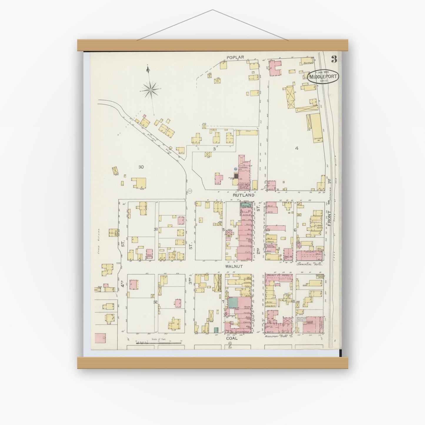 Old map wall art mockup — magnetic wood frame on white wall — Sanborn Fire Insurance Map from Middleport, Meigs County, Ohio (1893), Sheet #0003