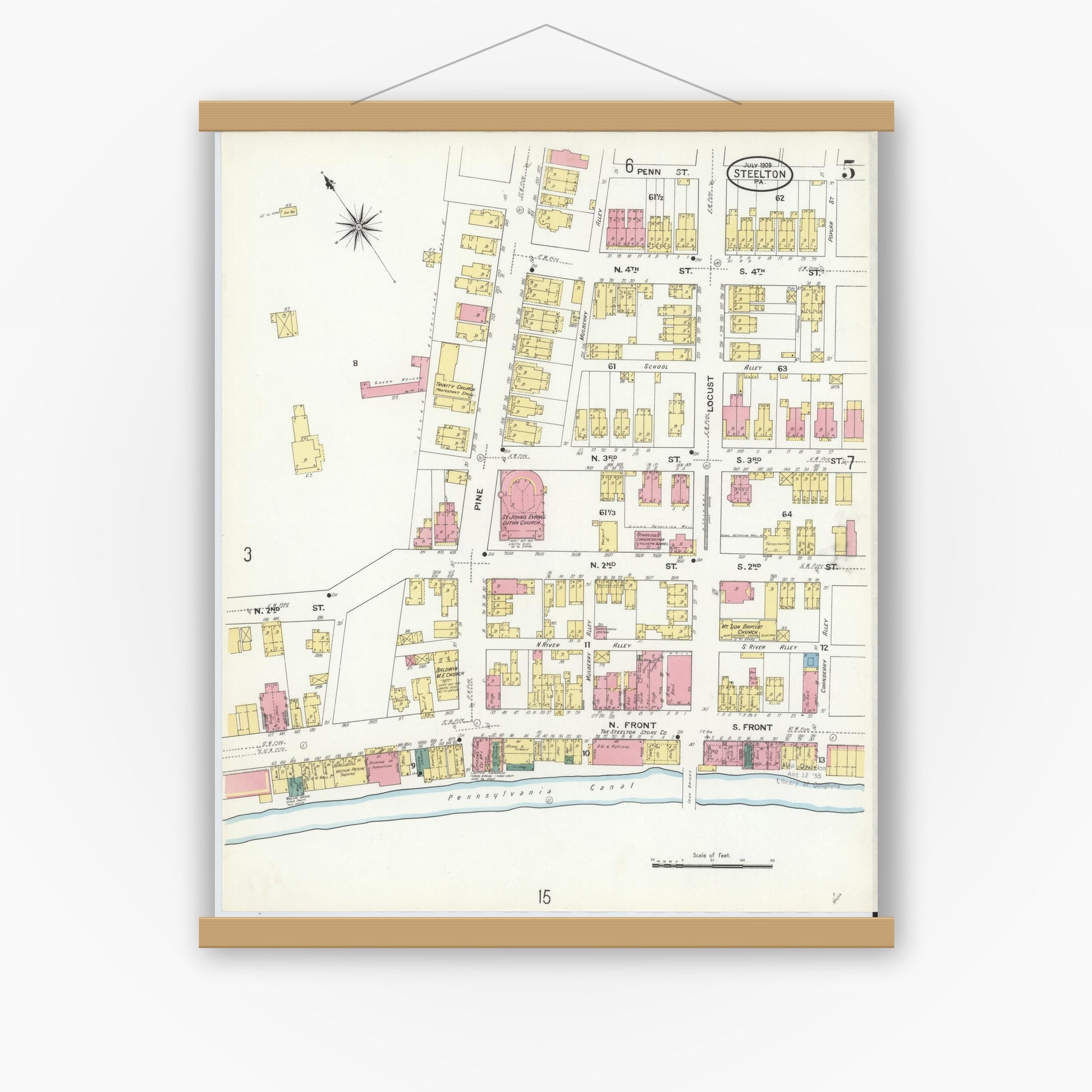 Old map wall art mockup — magnetic wood frame on white wall — Sanborn Fire Insurance Map from Steelton, Dauphin County, Pennsylvania (1909), Sheet #0005