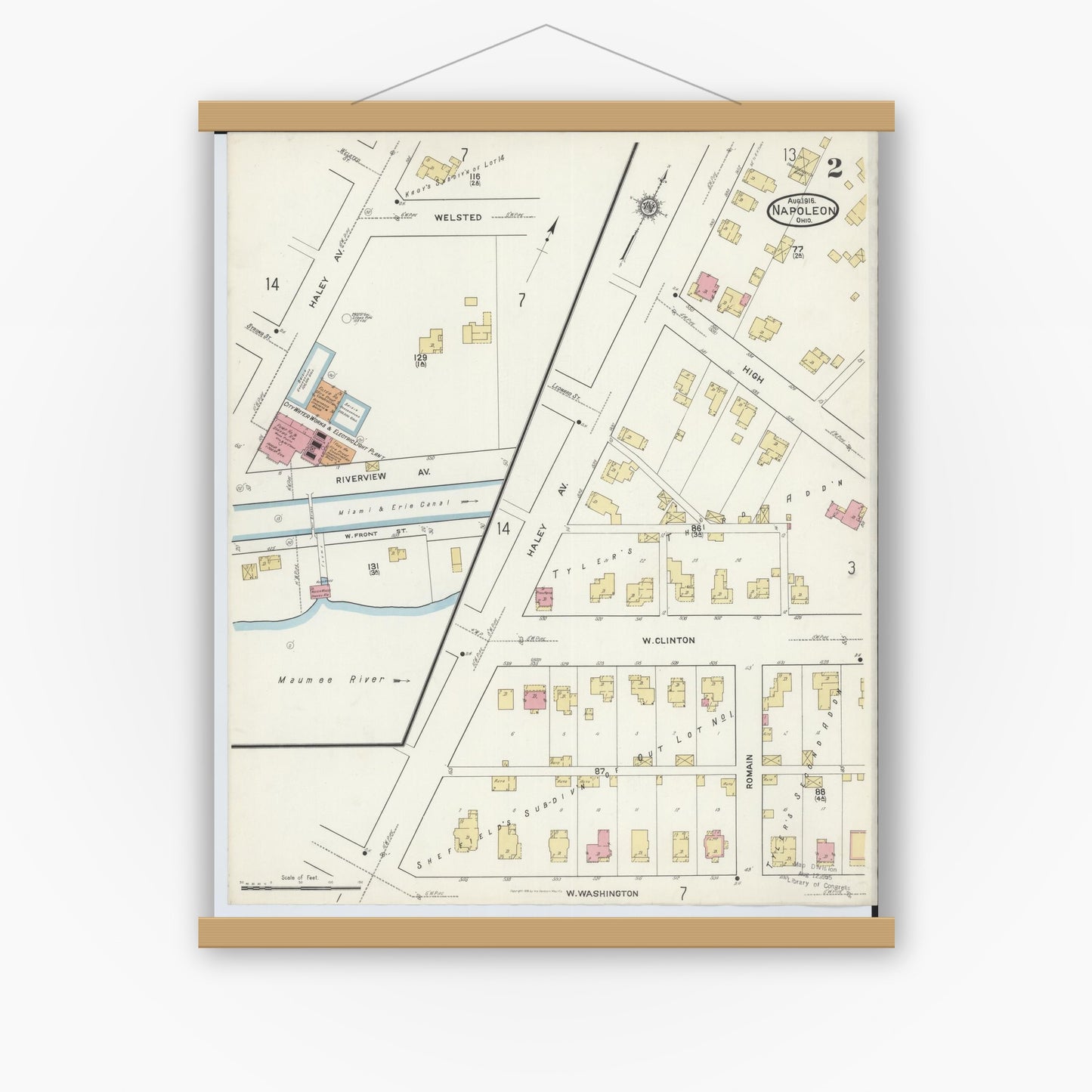 Old map wall art mockup — magnetic wood frame on white wall — Sanborn Fire Insurance Map from Napoleon, Henry County, Ohio (1916), Sheet #0002