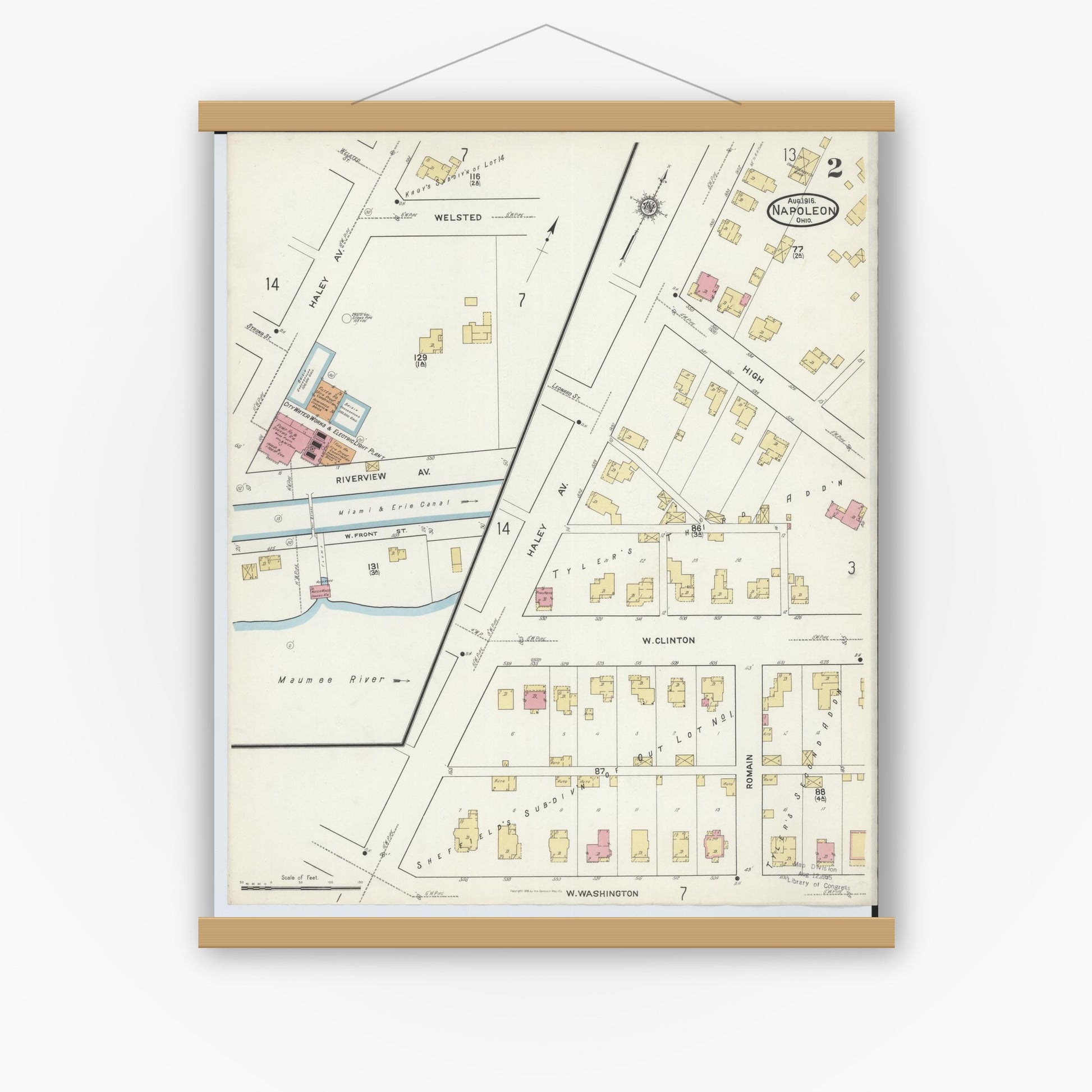 Old map wall art mockup — magnetic wood frame on white wall — Sanborn Fire Insurance Map from Napoleon, Henry County, Ohio (1916), Sheet #0002