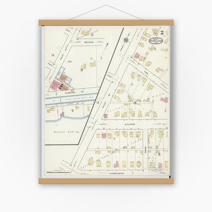 Old map wall art mockup — magnetic wood frame on white wall — Sanborn Fire Insurance Map from Napoleon, Henry County, Ohio (1916), Sheet #0002