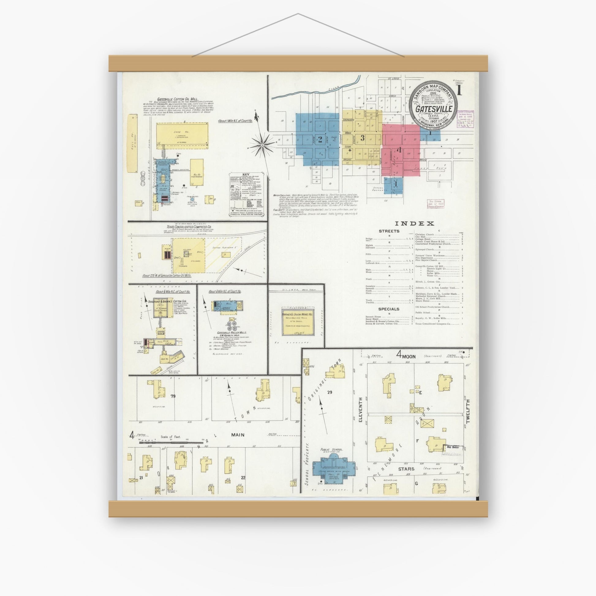 Old map wall art mockup — magnetic wood frame on white wall — Sanborn Fire Insurance Map from Gatesville, Coryell County, Texas (1907) - Complete Map Set