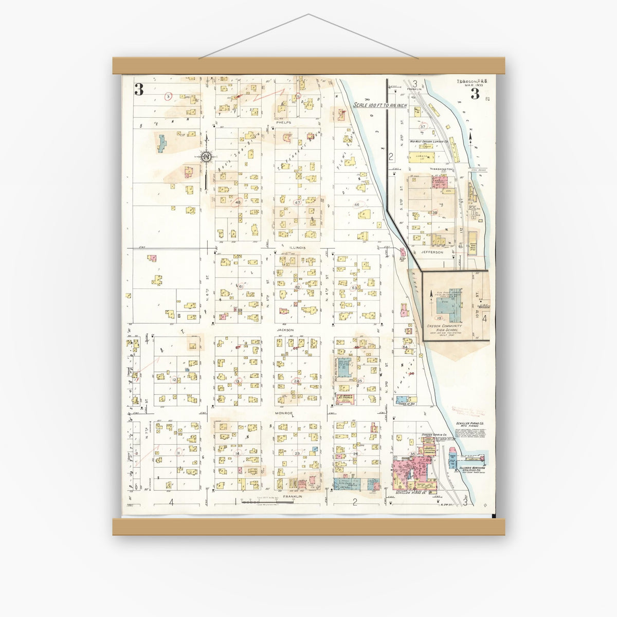 Old map wall art mockup — magnetic wood frame on white wall — Sanborn Fire Insurance Map from Oregon, Ogle County, Illinois (1943), Sheet #0003