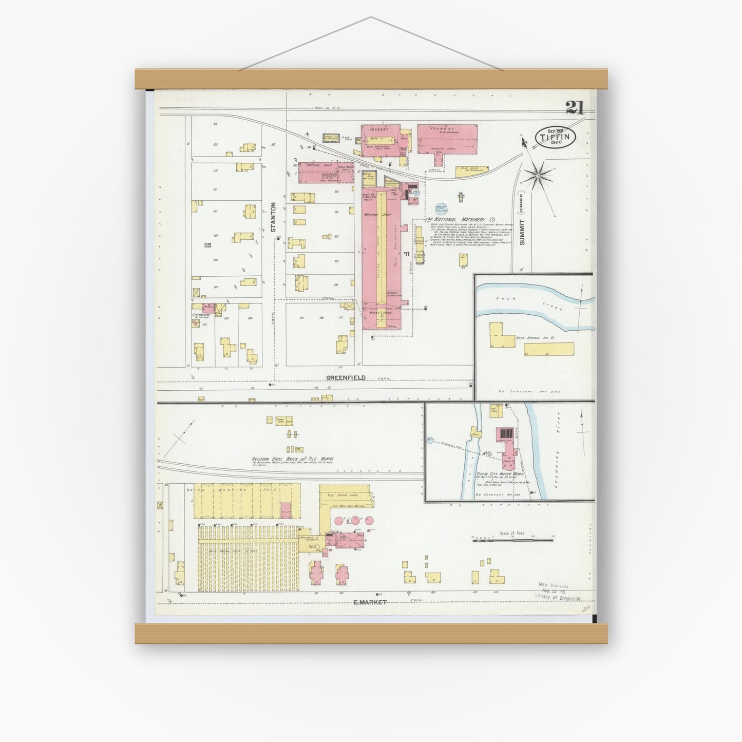 Old map wall art mockup — magnetic wood frame on white wall — Sanborn Fire Insurance Map from Tiffin, Seneca County, Ohio (1901), Sheet #0021